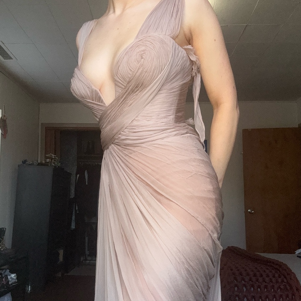 Adelie Plunging Draped Plisse Slit Gown In Desert Rose